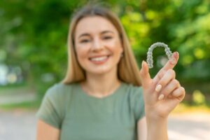 Woman holding up her clear aligners
